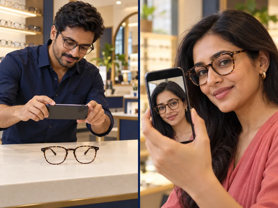 AI concept: frame photography and an illustrative eyewear preview on a face