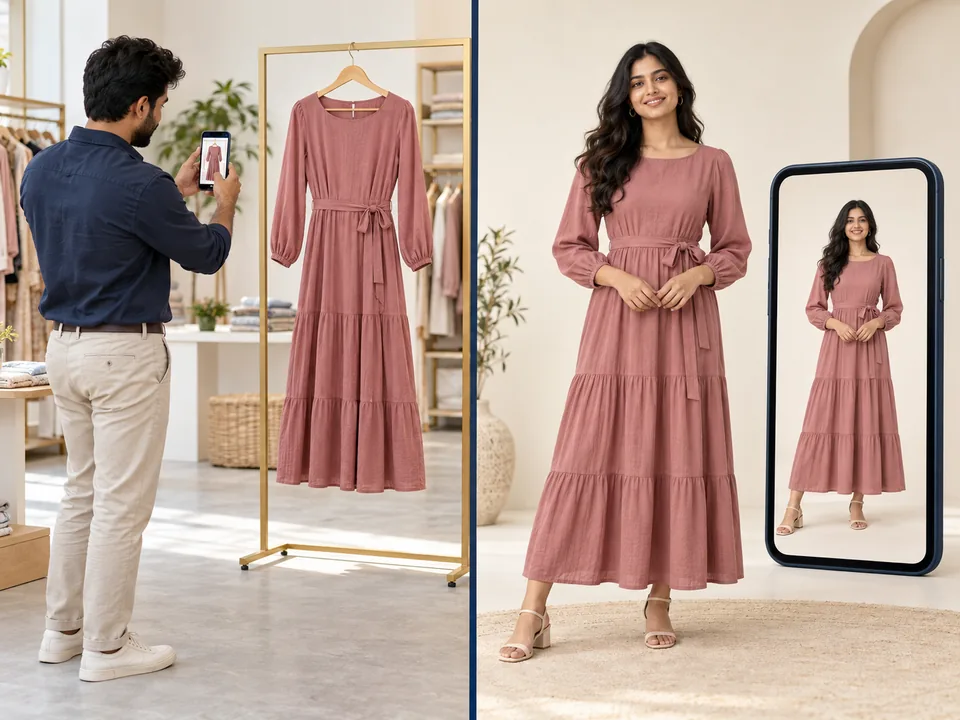 AI concept: garment photography and an illustrative photo-based outfit preview