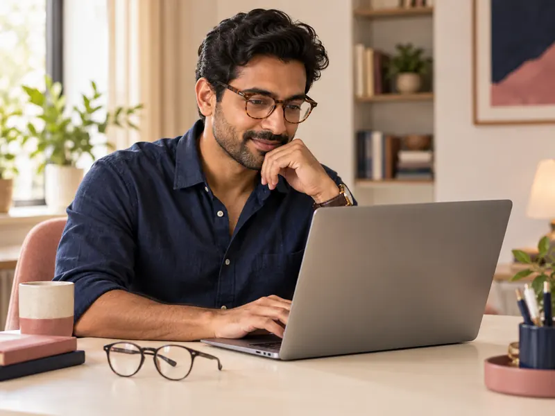 Fictional adult with glasses browsing on a laptop
