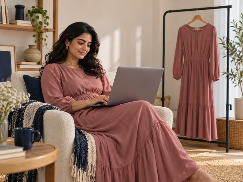 Fictional adult shopping beside a dress and laptop