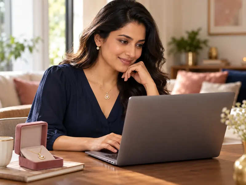 Fictional adult browsing jewellery on a laptop