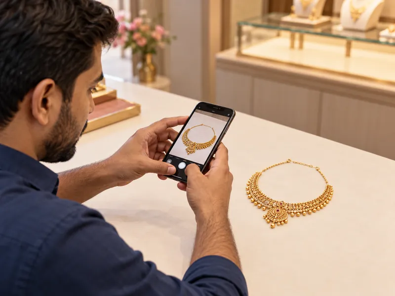 AI illustration: a shopkeeper photographs a necklace with a phone