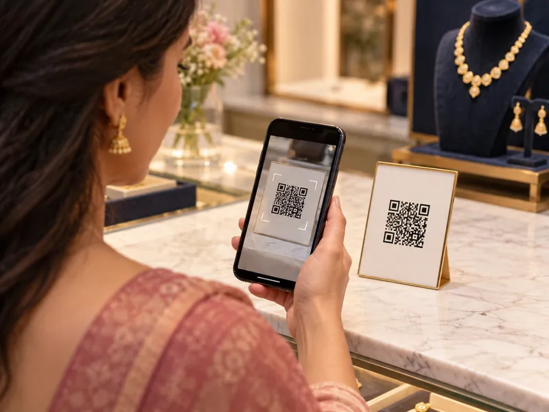 AI illustration: a customer scans a shop QR code with a phone