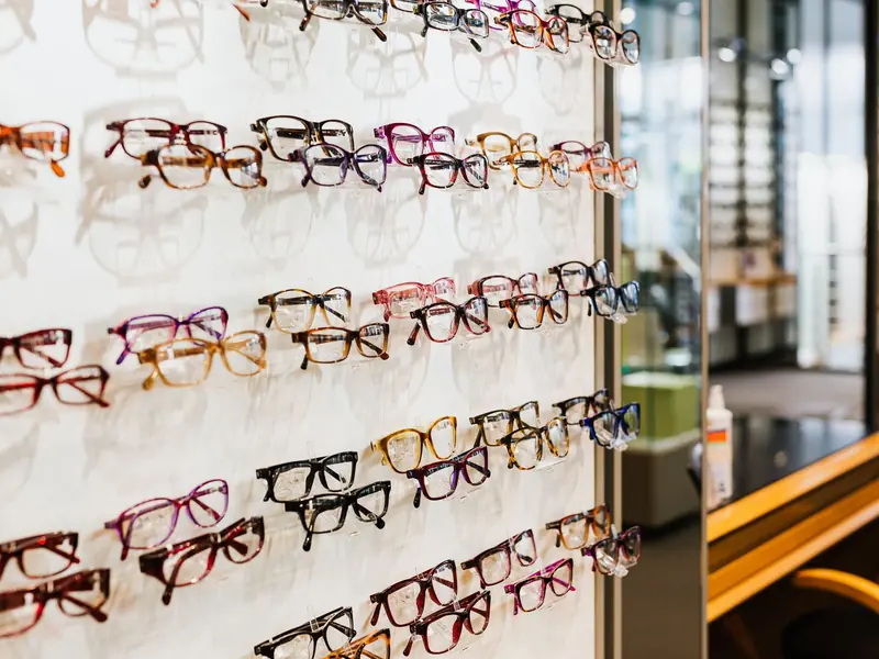 Stock photograph: eyeglass frames displayed in an optical shop
