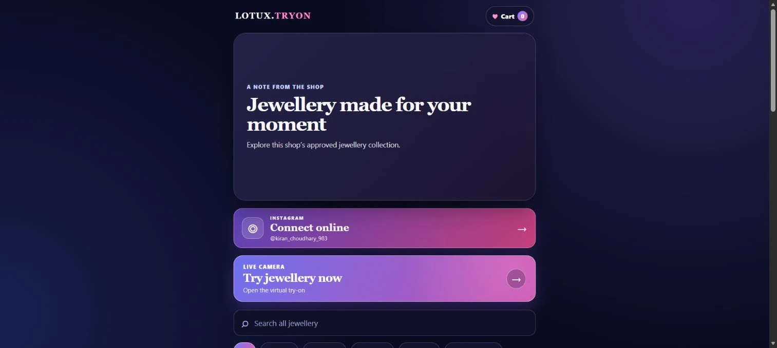 LOTUX customer shop page with try-on and Instagram connection