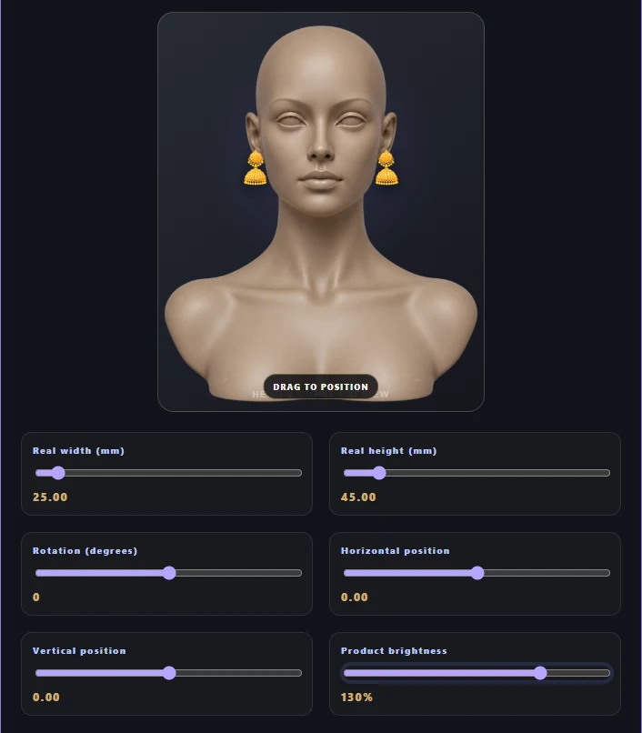 Shop Manager fitting studio showing earrings on the dummy and Product brightness set to 130%