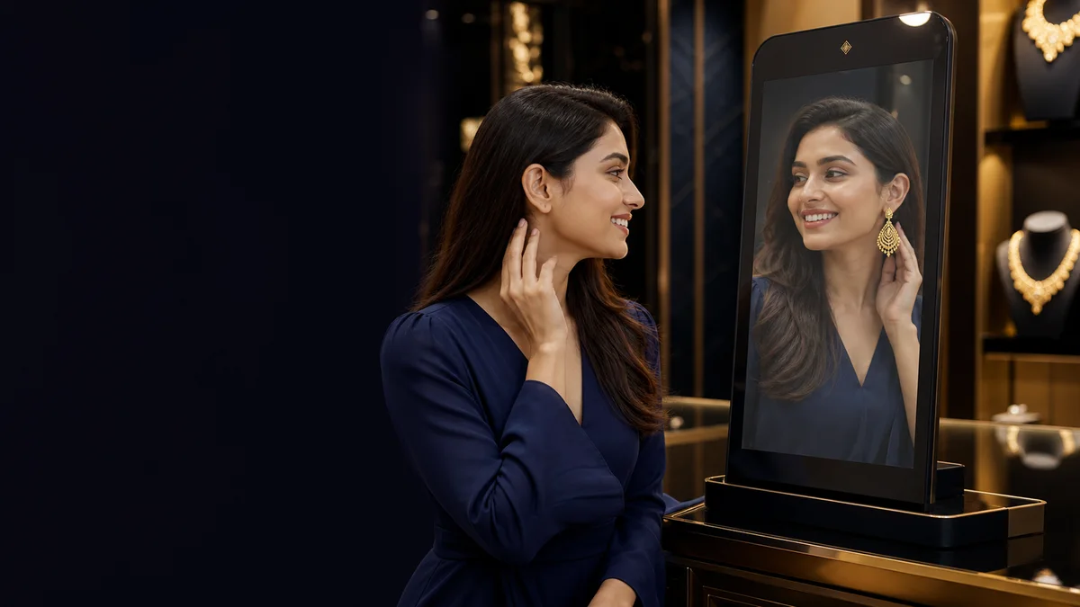 AI illustration: a customer previews earrings on a jewellery try-on display
